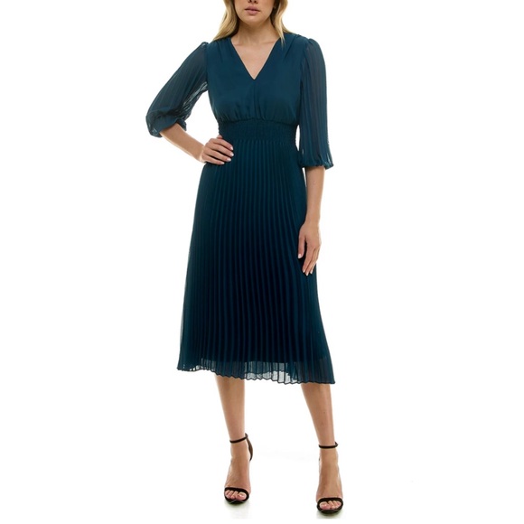 Taylor Smocked Waist Pleated Blue-Green Midi Dress - Picture 6 of 8